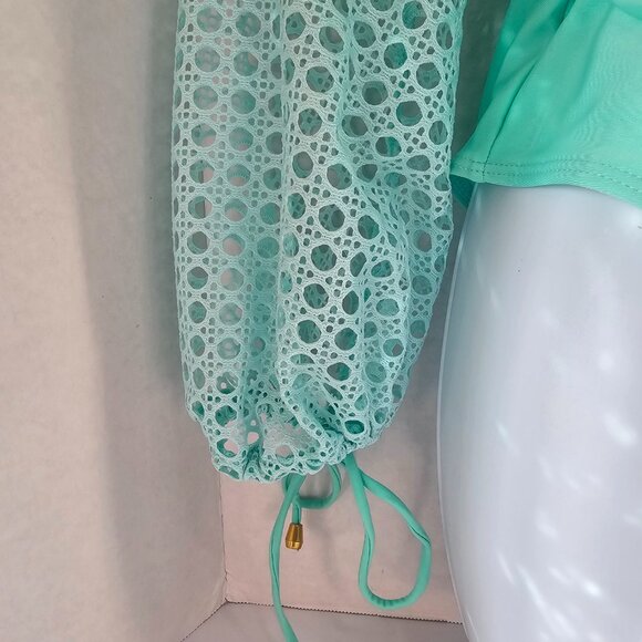 Real Housewives Monstera Netted Sleeve Mint Green Belted One Piece Swimsuit SZ S - Picture 3 of 6